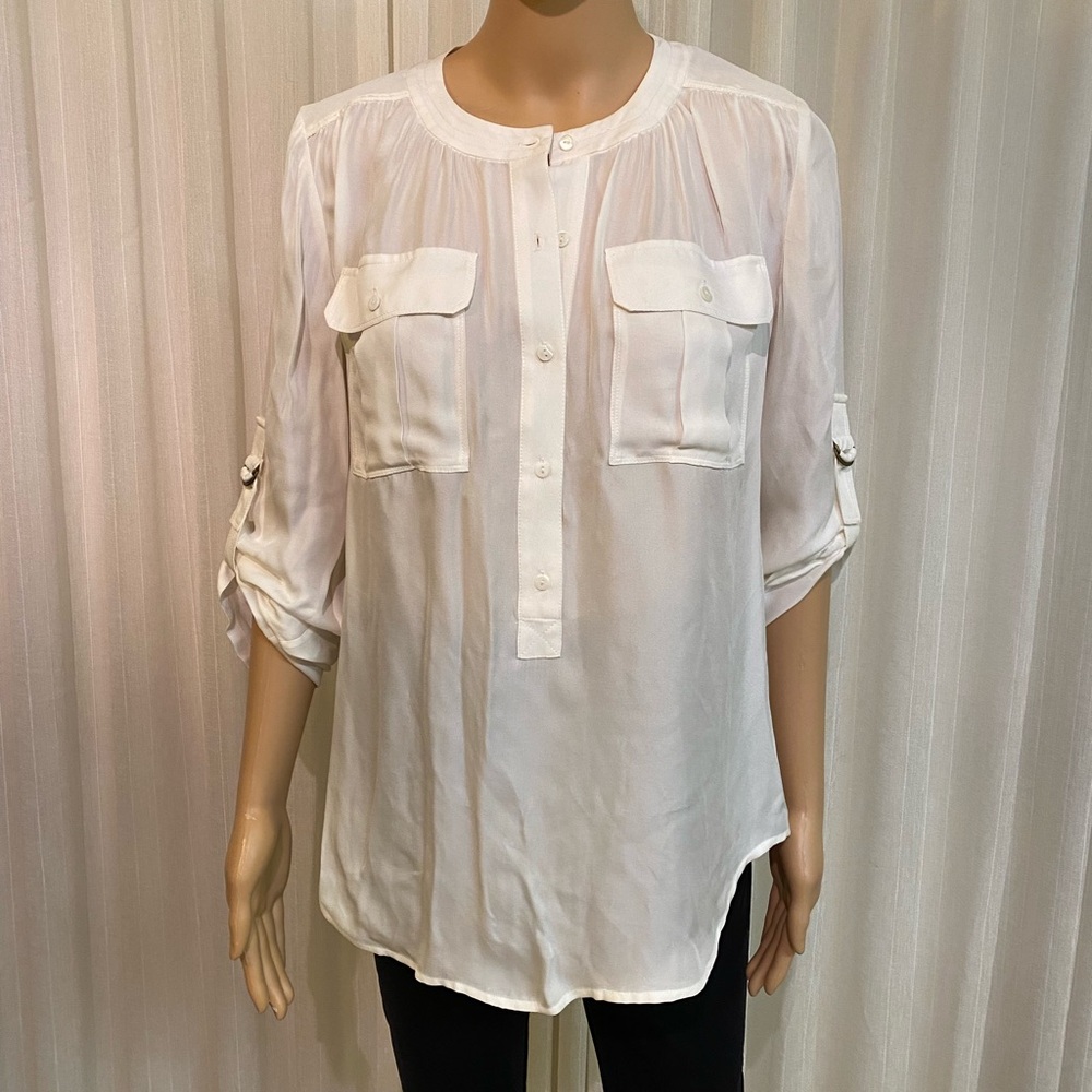 TRINA TURK Jemison Collarless Roll-Tab Sleeve Henley Blouse Ivory Small